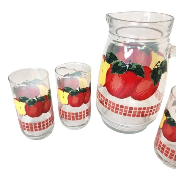 Vintage KIG Malaysia Clear Glass 48oz Handled Pitcher 4 juice glasses, Red Apple - Picture 15 of 16